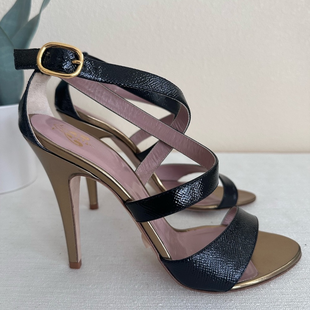 New Bee Black Copper Leather Ankle Strap High Heel Sandals Womens EU40 US9 Italy